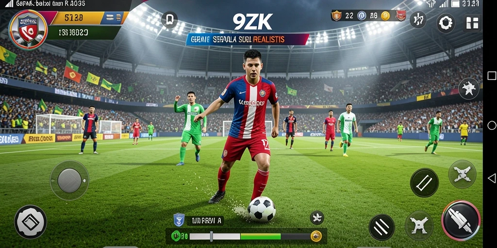 Screenshot utama 9ZK menampilkan aksi seru di lapangan sepak bola.