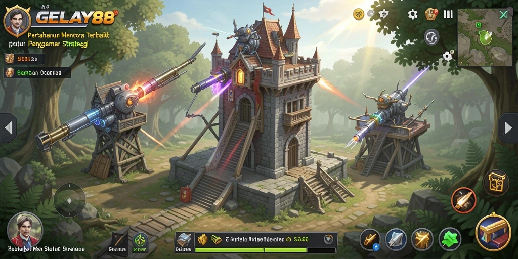 Tampilan gameplay mendebarkan di GELAY88 dengan berbagai menara dan unit.