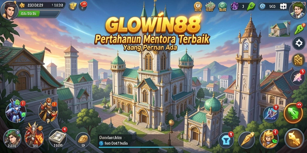 Screenshot gameplay GLOWIN88 menunjukkan menara bertahan melawan gelombang musuh.