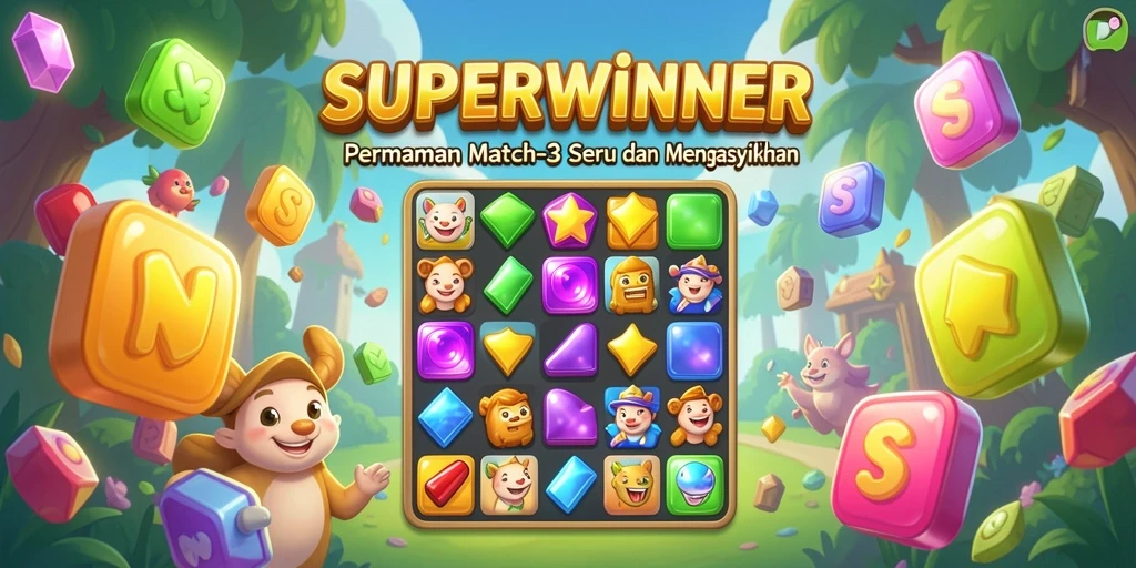Tampilan screenshot gameplay menarik dari SUPERWINNER dengan berbagai permata warna-warni.